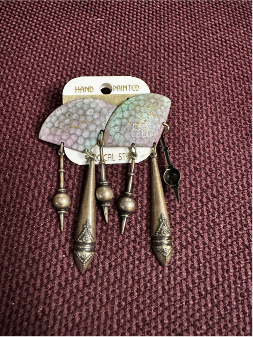 Green and Purple Hand Painted Fan Earrings